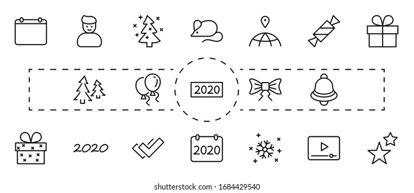 Happy New Year Mouse. Set vector line icon. Contains such Icons as Mouse, Christmas Tree, Calendar 2020, Bow, Balloons, Bell, Candy, Gift Box, Stars, Snowflake. Editable Stroke. 32x32 Pixels