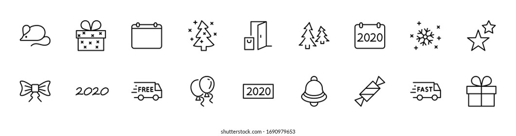 Feliz Año Nuevo. Establecer icono de línea vectorial. Contiene íconos como Mouse, Árbol de Navidad, Calendario 2020, Bow, Globos, Campana, Candy, Caja de Regalos, Estrellas, Copo de Nieve. Trazo editable. 32 x 32 píxeles