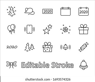 Happy New Year Mouse. Set vector line icon. Contains such Icons as Mouse, Christmas Tree, Calendar 2020, Bow, Balloons, Bell, Candy, Gift Box, Stars, Snowflake. Editable Stroke. 32x32 Pixels