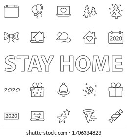 Happy New Year Mouse. Set vector line icon. Contains such Icons as Mouse, Christmas Tree, Calendar 2020, Bow, Balloons, Bell, Candy, Gift Box, Stars, Snowflake. Editable Stroke. 32x32 Pixels
