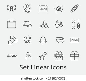 Happy New Year Mouse. Set vector line icon. Contains such Icons as Mouse, Christmas Tree, Calendar 2020, Bow, Balloons, Bell, Candy, Gift Box, Stars, Snowflake. Editable Stroke. 32x32 Pixels