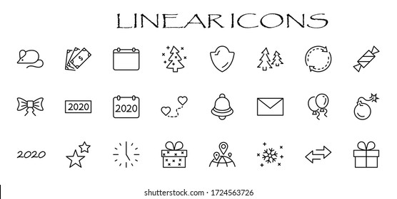 Happy New Year Mouse. Set vector line icon. Contains such Icons as Mouse, Christmas Tree, Calendar 2020, Bow, Balloons, Bell, Candy, Gift Box, Stars, Snowflake. Editable Stroke. 32x32 Pixels