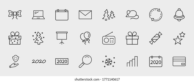 Happy New Year Mouse. Set vector line icon. Contains such Icons as Mouse, Christmas Tree, Calendar 2020, Bow, Balloons, Bell, Candy, Gift Box, Stars, Snowflake. Editable Stroke. 32x32 Pixels