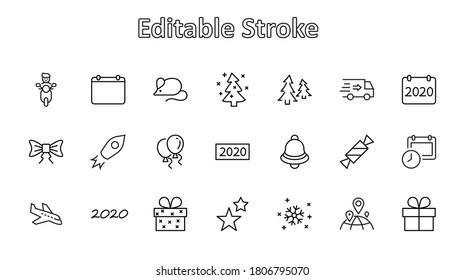 Happy New Year Mouse. Set vector line icon. Contains such Icons as Mouse, Christmas Tree, Calendar 2020, Bow, Balloons, Bell, Candy, Gift Box, Stars, Snowflake. Editable Stroke. 32x32 Pixels