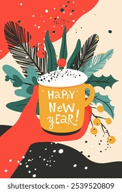 Happy New Year Mug with Festive Foliage - Holiday Illustration. Abstract Cozy Cup with Leaves Berries. Hand Holding Coffee Cocoa Mug - Warm Winter Holiday Design. Flat vector retro style illustration