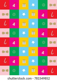 Happy new year multi color checkerboard design and illustration with tiny gifts elements. Colorful new year and Christmas holiday background.
