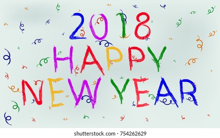 happy new year multi-colored text painted with paint and confetti. Seamless pattern, design for greeting cards on a gray background.
