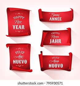 Happy New Year In Multilanguage On Red Parchments
Illustration of a set of happy new year wishes, with lettering and ornamental text in multiple languages, in french, german, spanish and italian