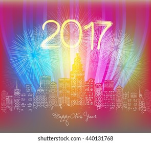 happy new year neon greeting. Fireworks in the city night