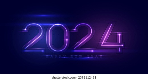 Feliz año nuevo. Luz de neón número 2024. Concepto para la celebración del año nuevo 2024. Patrón de banner, afiche, saludo y año nuevo 2024. EPS10 vectores.