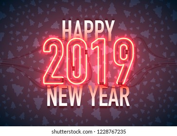 Happy New Year with neon sign 2019 on dark background. Christmas related ornaments objects on color background. Greeting Card Ready for your design. Vector Illustration.