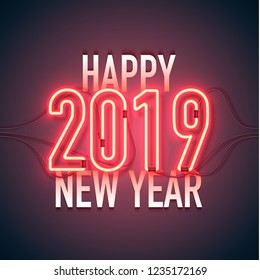 Happy New Year with neon sign 2019 on dark background. Christmas related ornaments objects on color background. Greeting Card Ready for your design. Vector Illustration.