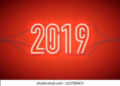 Happy New Year with neon sign 2019 on dark background. Christmas related ornaments objects on color background. Greeting Card Ready for your design. Vector Illustration.