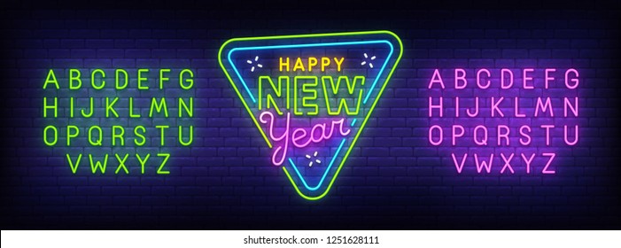 Happy New Year neon sign, bright signboard, light banner. Merry Christmas logo. Neon sign creator. Neon text edit. Design template. Vector illustration