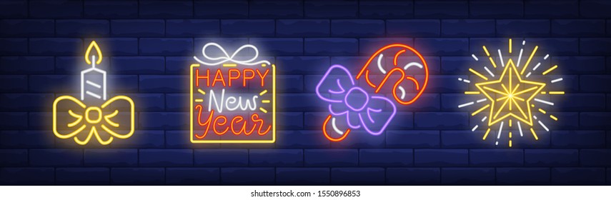 Happy New Year neon sign collection. New Year, Christmas, garland. Night bright advertisement. Vector illustration in neon style for banner, billboard