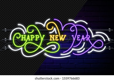 Happy New Year neon sign. Night party. 2020 Neon sign, bright signboard, light banner. Lettering neon sign. Neon sign. Merry Christmas and Happy New Year banner, logo, emblem and label.