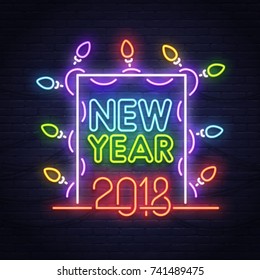 Happy New Year neon sign. Night party. 2018 Neon sign, bright signboard, light banner.