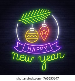 Happy New Year neon sign. Neon sign. Merry Christmas and Happy New Year banner, logo, emblem and label. Bright signboard, light banner. 