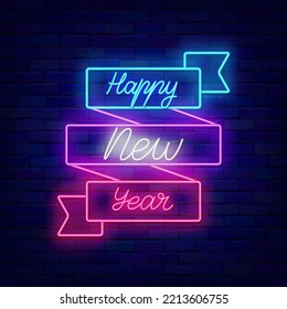 Happy New Year neon signboard. Colorful ribbon frame. Greeting card invitation. Winter holiday event. Outer glowing effect poster on brick wall. Editable stroke. Vector stock illustration
