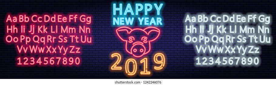 Happy New Year! Neon style, alphabet, banner 2019. Vector illustration of EPS 10.