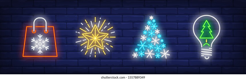 Happy New Year in neon style collection. Bag with snowflake, Christmas idea, Christmas tree. Night bright advertisement. Vector illustration in neon style for banner, billboard