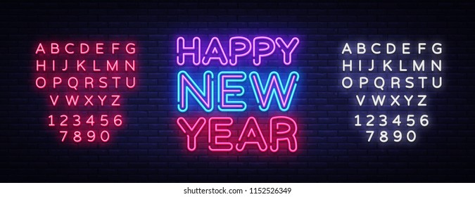 Happy New Year Neon Text Vector. Neon Sign, Greeting card design template with 3D typography label. Light banner, Design element. Vector Illustration. Editing text neon sign