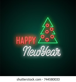 Happy new year neon text. Vector illustration.