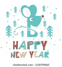 Happy New Year! Nice mouse. Poster with cute and colorful cartoon style pictures and letters for kids. Perfect for kindergarten, children's books, printing, card, poster, brand.