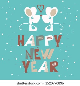 Happy New Year! Nice mouse. Poster with cute and colorful cartoon style pictures and letters for kids. Perfect for kindergarten, children's books, printing, card, poster, brand.