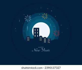 Happy New Year In Night With City Silhouette And Firework