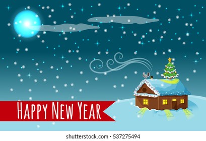 Happy New Year Night, House, Christmas Fir Tree, Light Illuminated, Stars, Snowflake, Metal Rooster, XMas Balls, Azure Moon, Vector Illustration EPS10