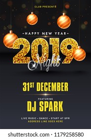 Happy New Year Night party template design with glittering text 2019, date, time and venue details for celebration concept.