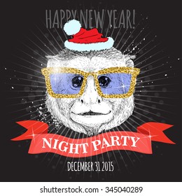 Happy new year night party poster. Capuchin monkey Hipster with glitter glasses and Christmas hat. Hand drawn sketch vector illustration for posters, invitations and party flayers.