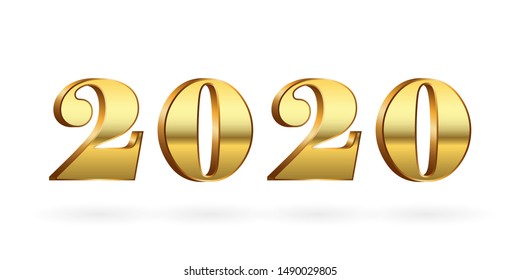 Happy New Year number 2020. Gold 3D number 2020 isolated white background. Bright golden design greeting card, Christmas banner, holiday celebration, decoration poster, calendar Vector illustration