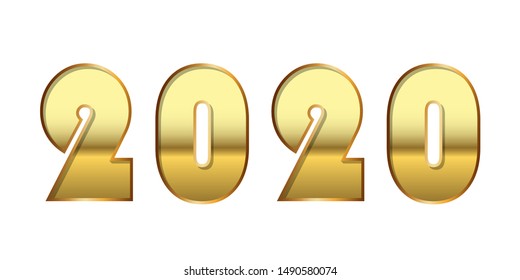 Happy New Year number 2020. Gold 3D number 2020 isolated white background. Bright golden design greeting card, Christmas banner, holiday celebration, decoration poster, calendar Vector illustration