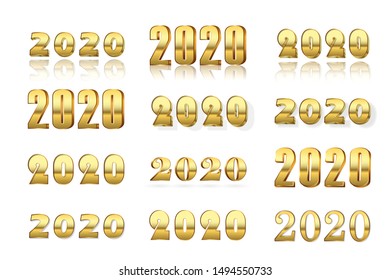 Happy New Year number 2020 set. Gold 3D numbers isolated white background. Bright golden design greeting card, Christmas banner, holiday celebration, decoration poster, calendar Vector illustration
