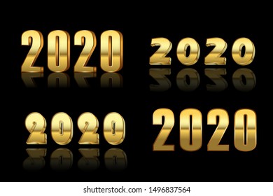 Happy New Year number set. Gold 3D number 2020 isolated on black background. Bright golden design greeting card, Christmas banner, holiday celebration, decoration poster, calendar Vector illustration