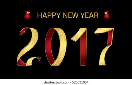 Happy New year. Numbers 2017 Vector. Golden ribbons on black background. Vector illustration