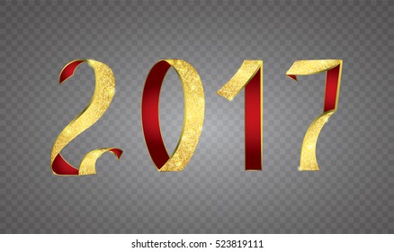 Happy New year. Numbers 2017 Vector. Golden ribbons on transparent background. Vector illustration
