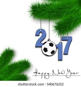 Happy New Year and numbers 2017 and soccer ball as a Christmas decorations hanging on a Christmas tree branch on a white background. Vector illustration