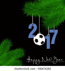Happy New Year and numbers 2017 and soccer ball as a Christmas decorations hanging on a Christmas tree branch on a black background. Vector illustration