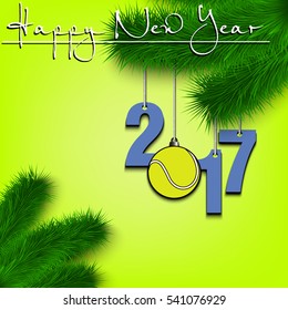 Happy New Year and numbers 2017 and tennis ball as a Christmas decorations hanging on a Christmas tree branch. Vector illustration