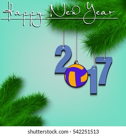 Happy New Year and numbers 2017 and volleyball ball as a Christmas decorations hanging on a Christmas tree branch. Vector illustration