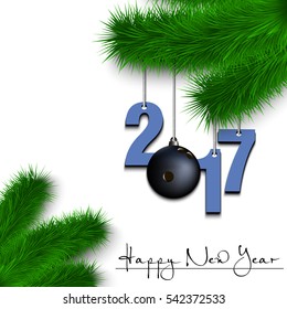 Happy New Year and numbers 2017 and bowling ball as a Christmas decorations hanging on a Christmas tree branch on a white background. Vector illustration