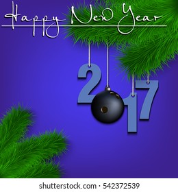 Happy New Year and numbers 2017 and bowling ball as a Christmas decorations hanging on a Christmas tree branch. Vector illustration