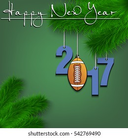 Happy New Year and numbers 2017 and football ball as a Christmas decorations hanging on a Christmas tree branch on a white background. Vector illustration