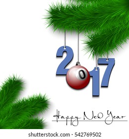 Happy New Year and numbers 2017 and billiard ball as a Christmas decorations hanging on a Christmas tree branch on a white background. Vector illustration