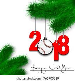 Happy New Year and numbers 2017 and baseball ball as a Christmas decorations hanging on a Christmas tree branch on a white background. Vector illustration