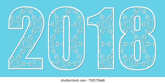 Happy new year numbers 2018 for laser cutting with pattern of snowflakes. May be use for laser cutting. Cutout paperwork. Lasercut metal panel. Wood carving.