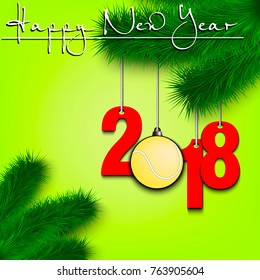 Happy New Year and numbers 2018 and tennis ball as a Christmas decorations hanging on a Christmas tree branch. Vector illustration